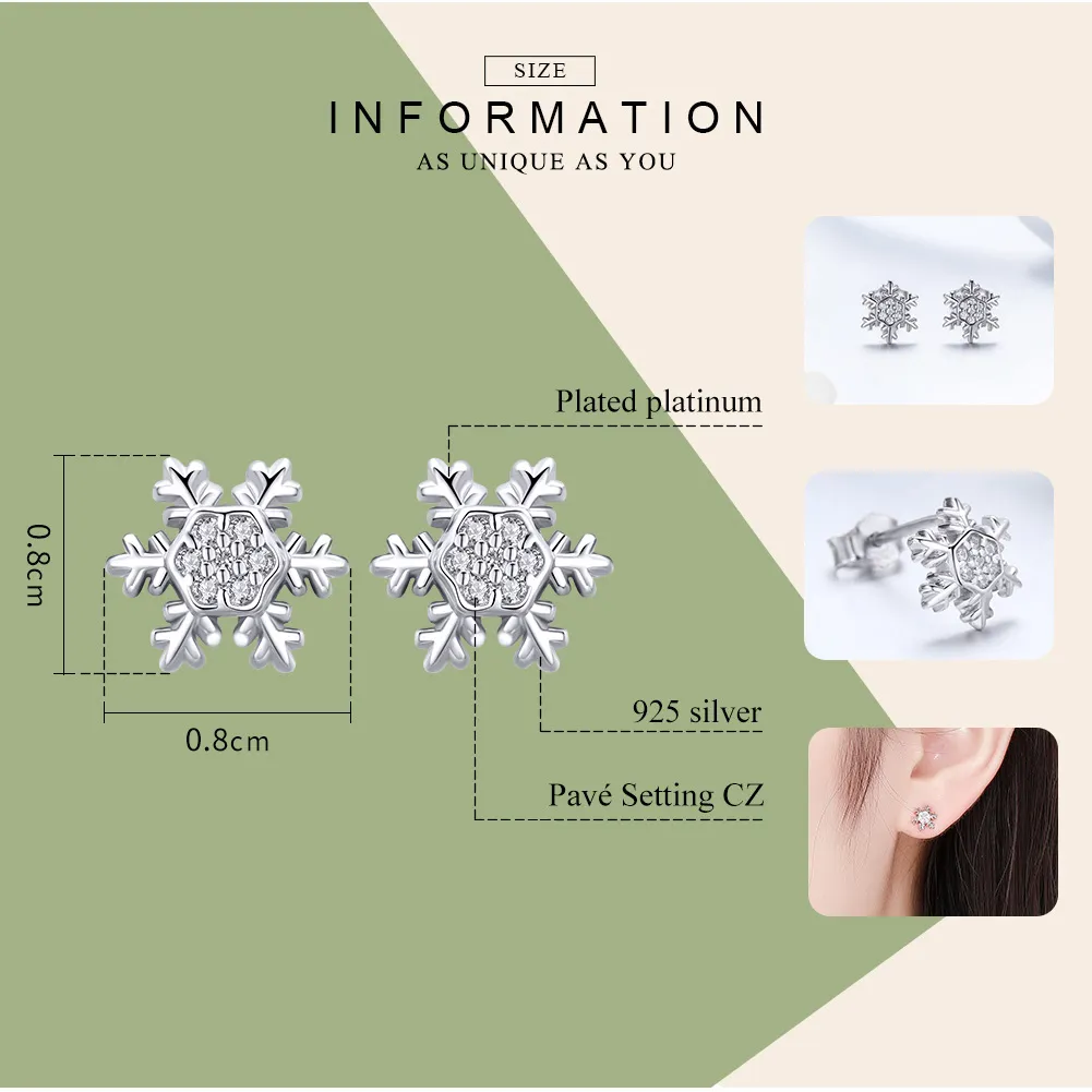 Pandora Style Silver Stud Earrings, Elegant Snowflakes - BSE009