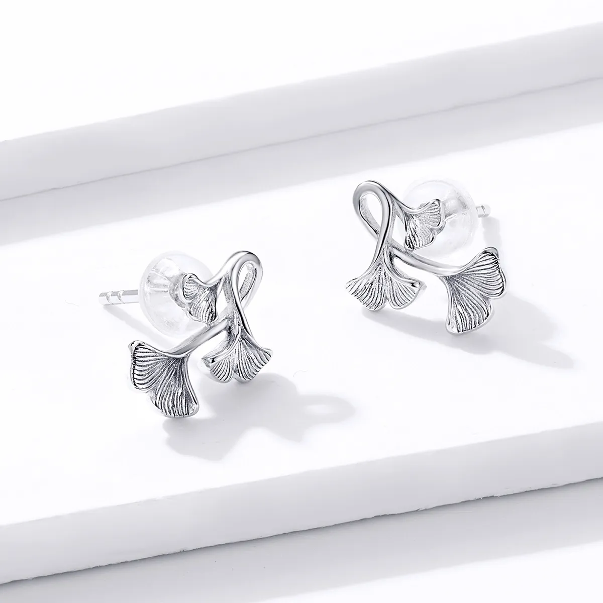 Pandora Style Silver Stud Earrings, Ginkgo Leaf - BSE328