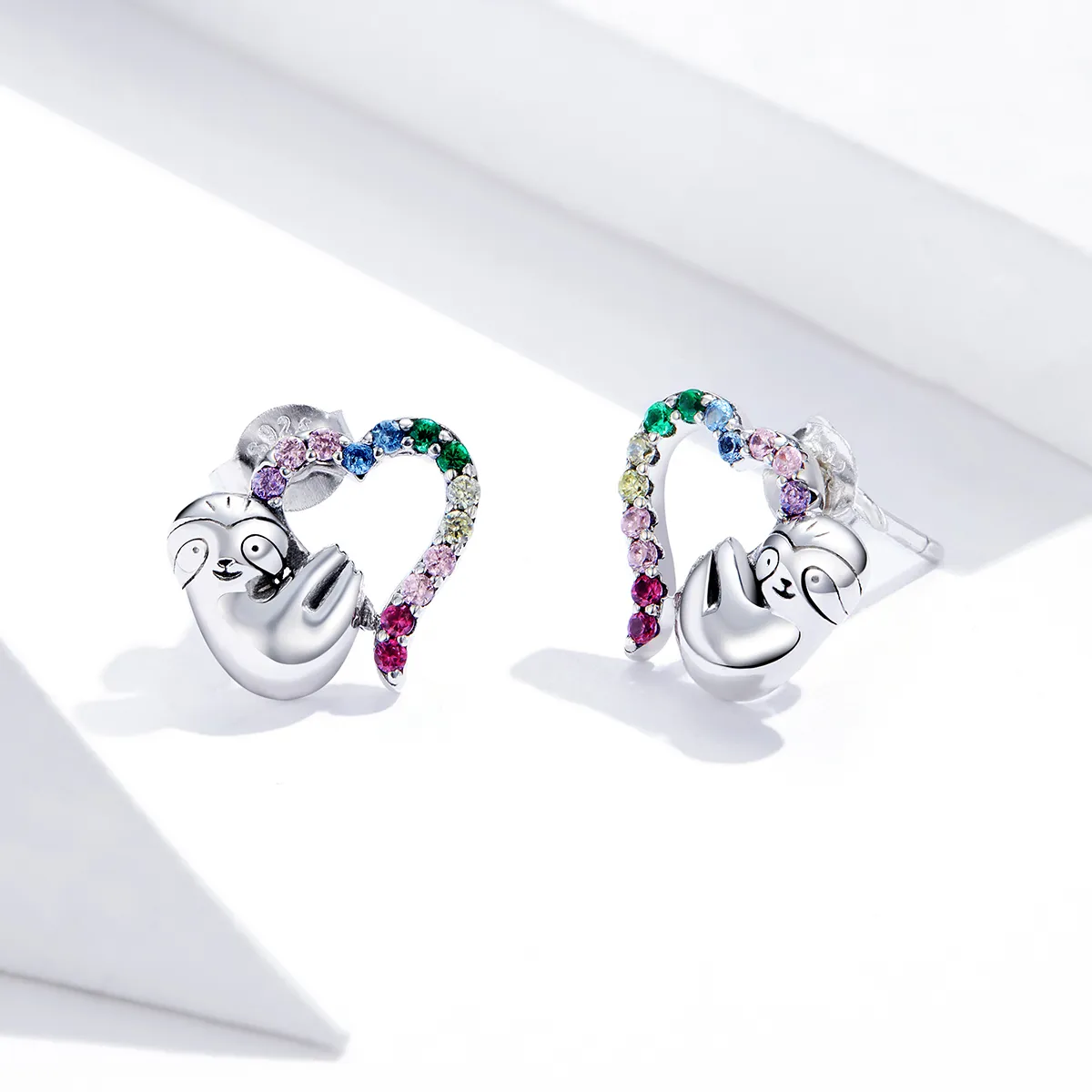 Pandora Style Silver Stud Earrings, Heart-Shaped Little Sloth - SCE885