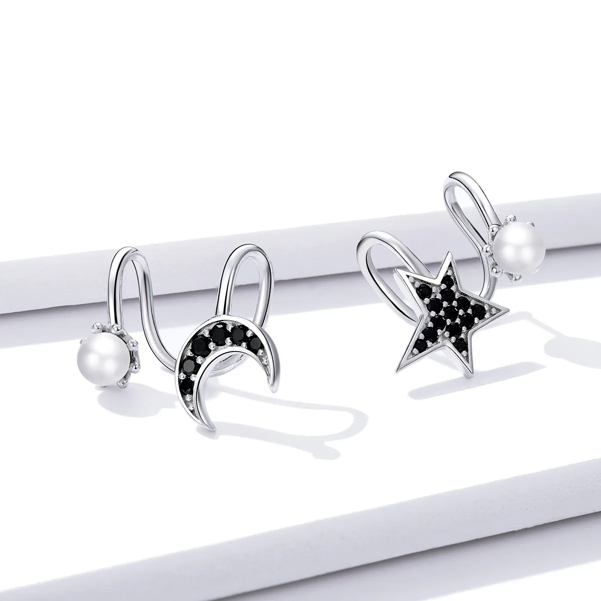 Pandora Style Silver Stud Earrings, Moon and Star - BSE387