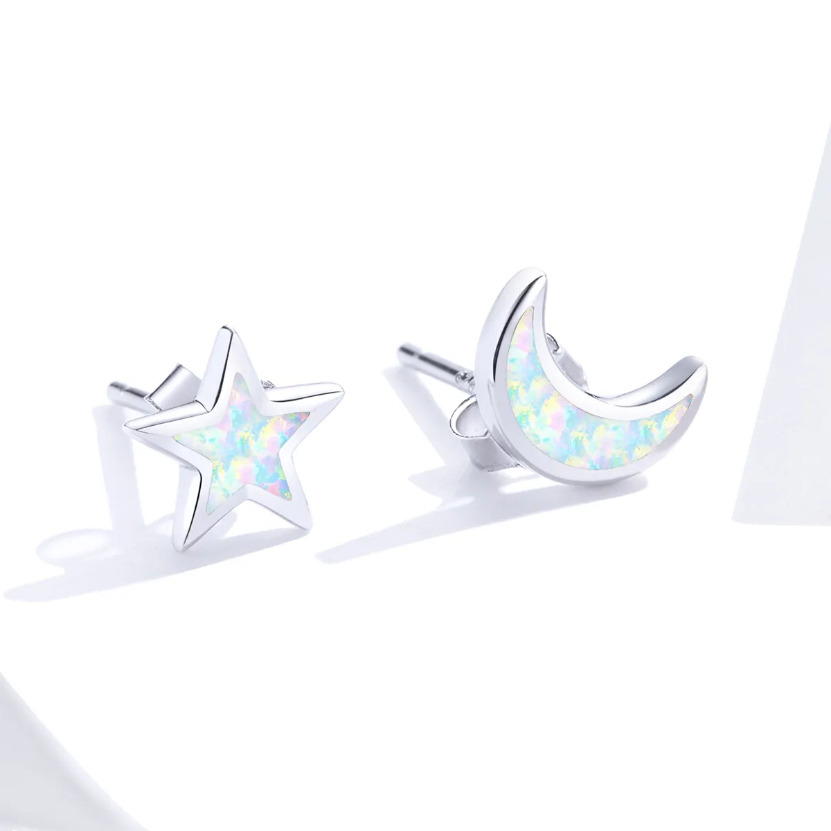 Pandora Style Silver Stud Earrings, Moon and Star - SCE875