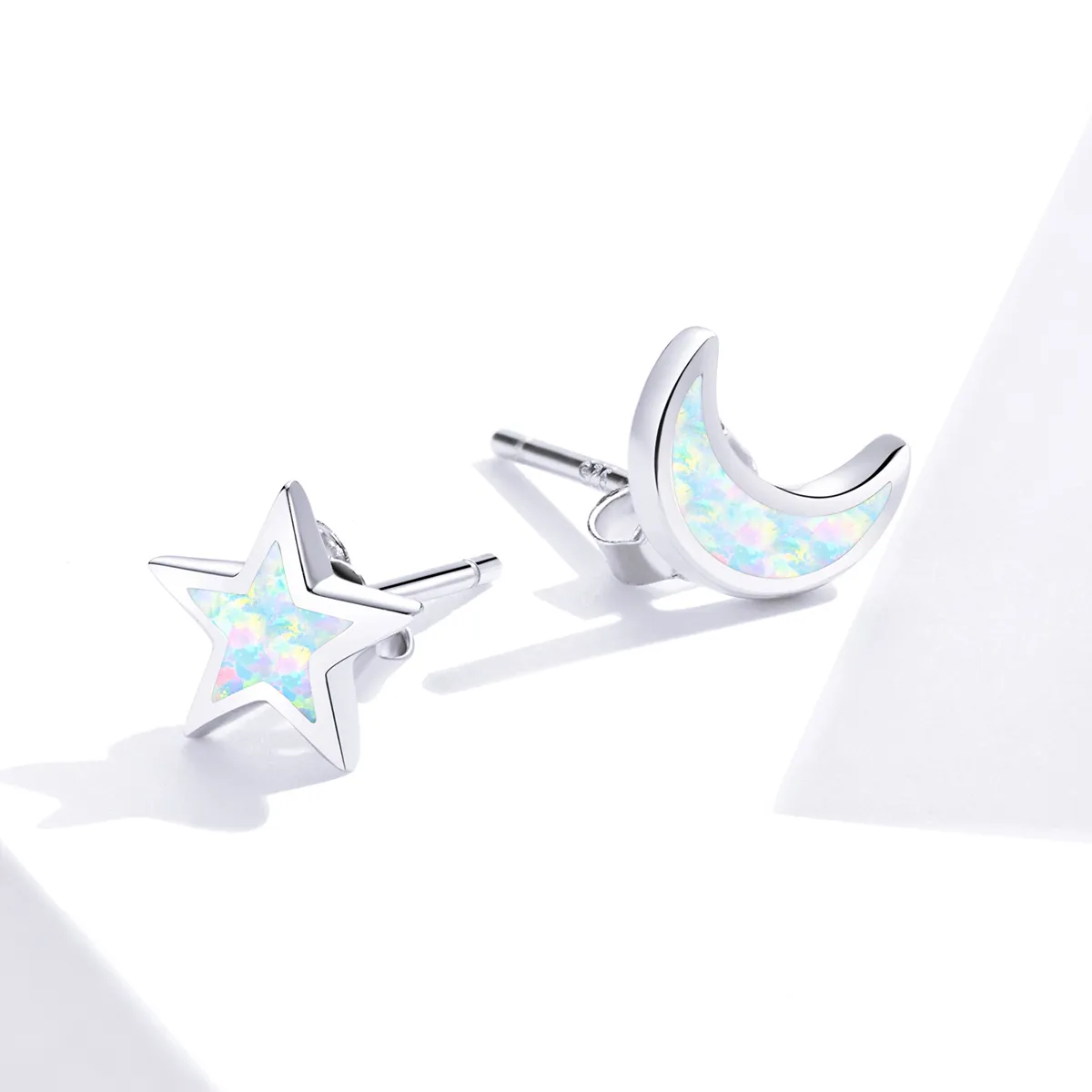 Pandora Style Silver Stud Earrings, Moon and Star - SCE875