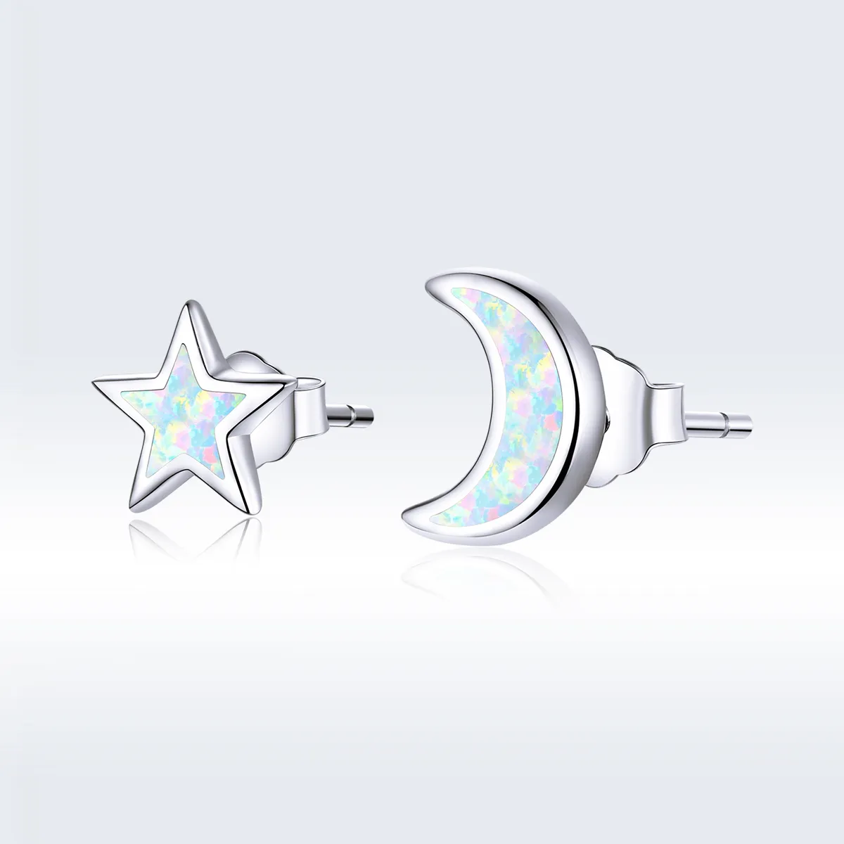 Pandora Style Silver Stud Earrings, Moon and Star - SCE875