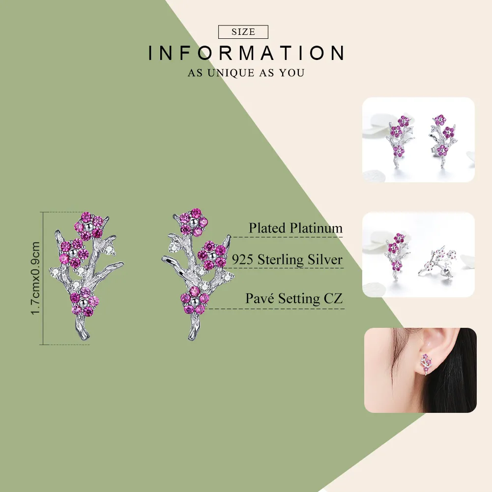 Pandora Style Silver Stud Earrings, Peach Blossom - BSE040