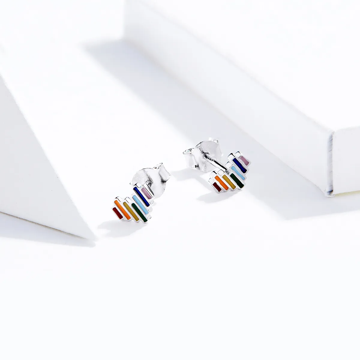 Pandora Style Silver Stud Earrings, Rainbow Heart - SCE787