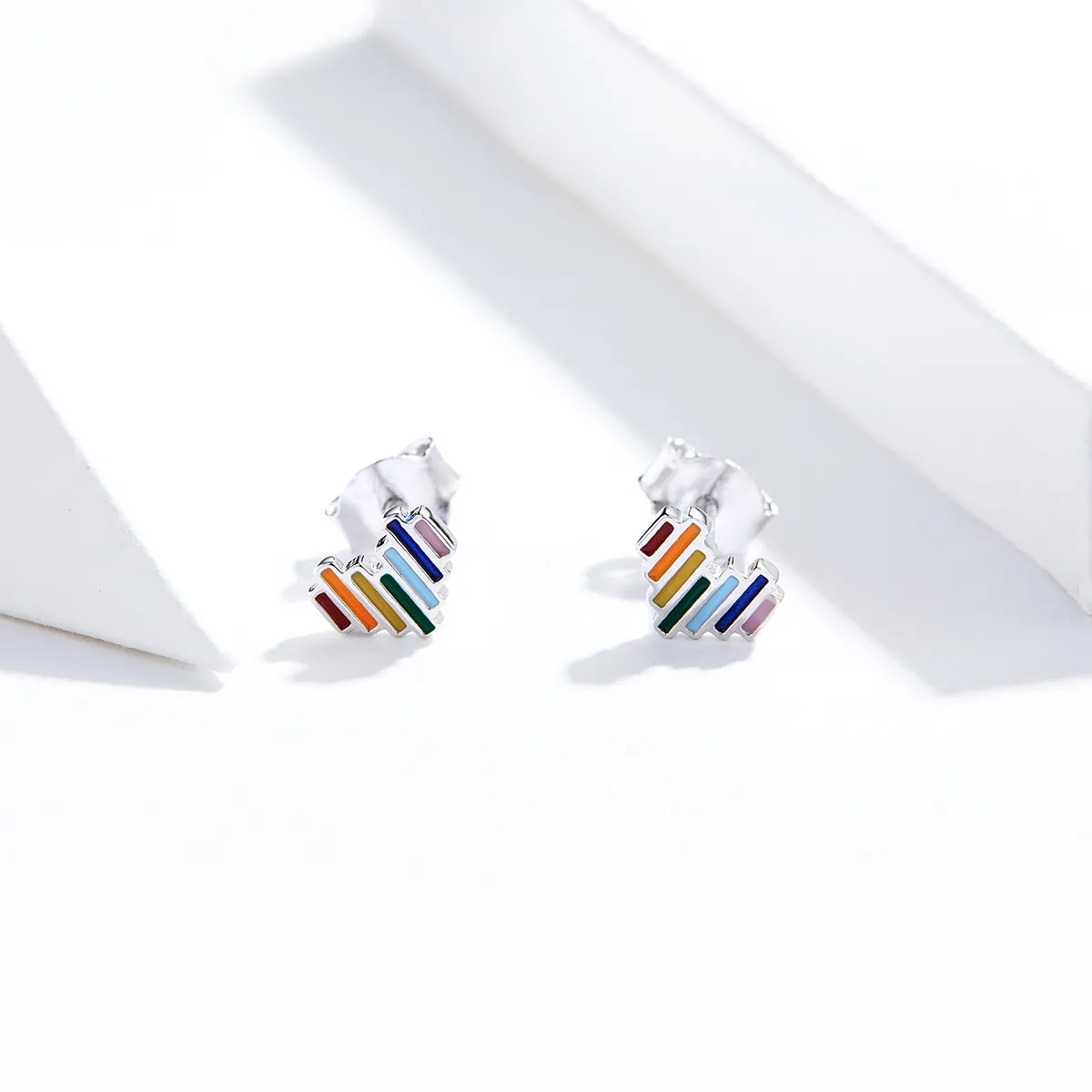 Pandora Style Silver Stud Earrings, Rainbow Heart - SCE787