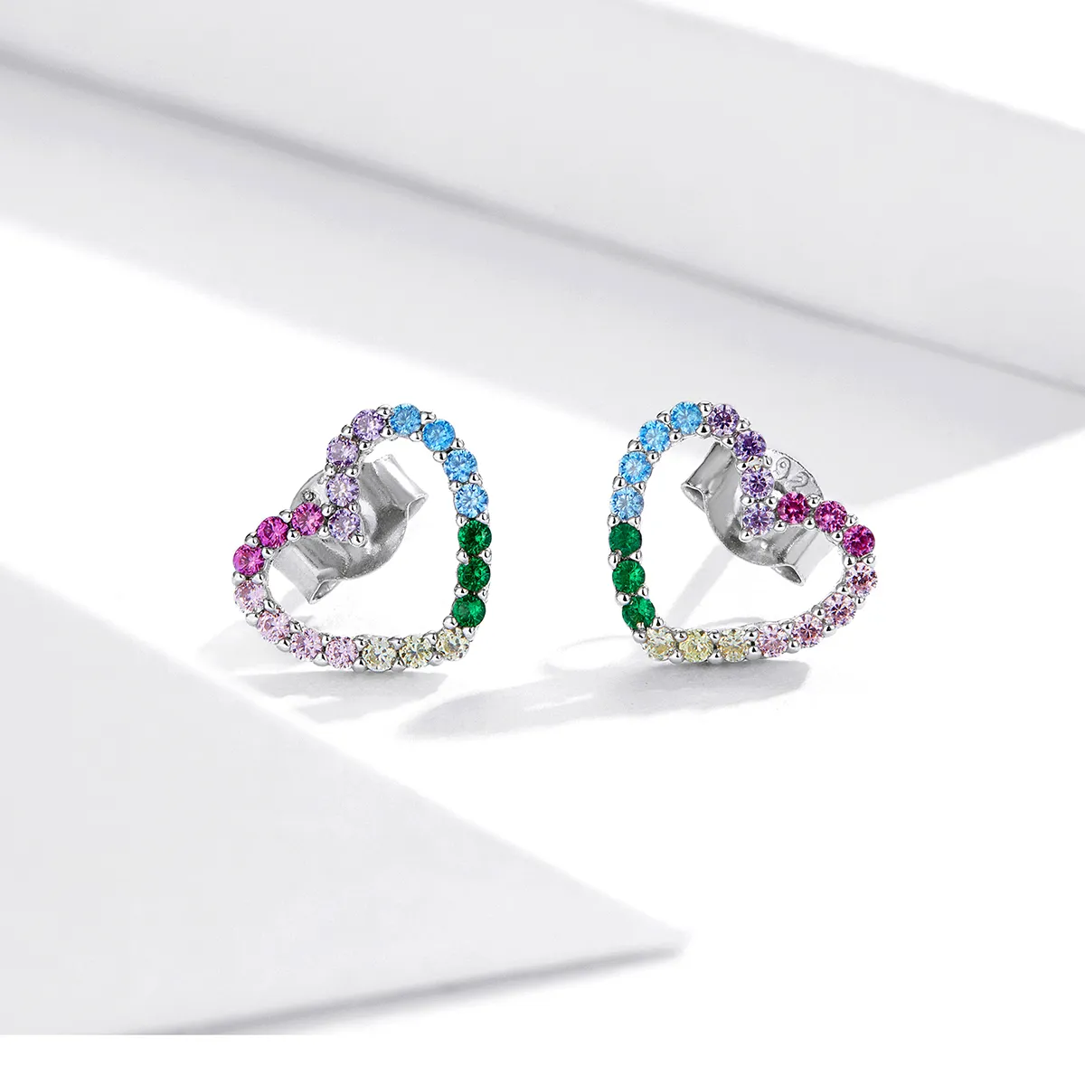 Pandora Style Silver Stud Earrings, Rainbow Hearts - SCE891