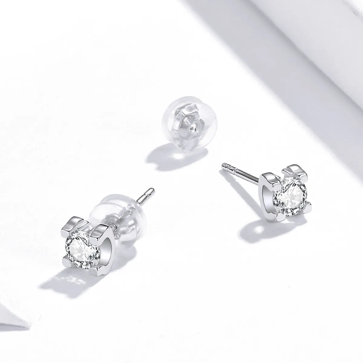 Pandora Style Silver Stud Earrings, Simple Zircon - SCE974