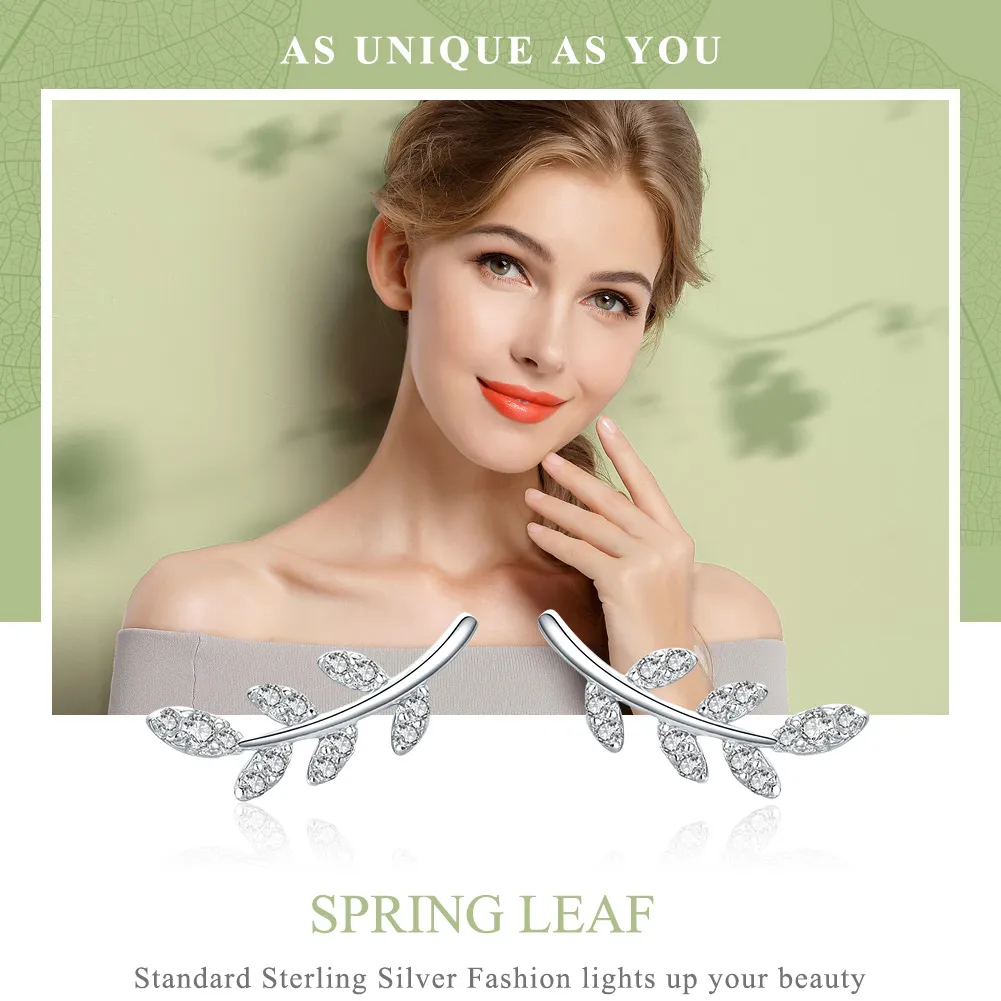 Pandora Style Silver Stud Earrings, Spring Leaves - BSE031