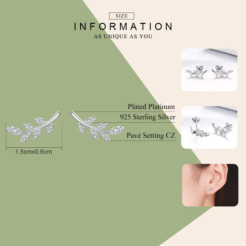 Pandora Style Silver Stud Earrings, Spring Leaves - BSE031