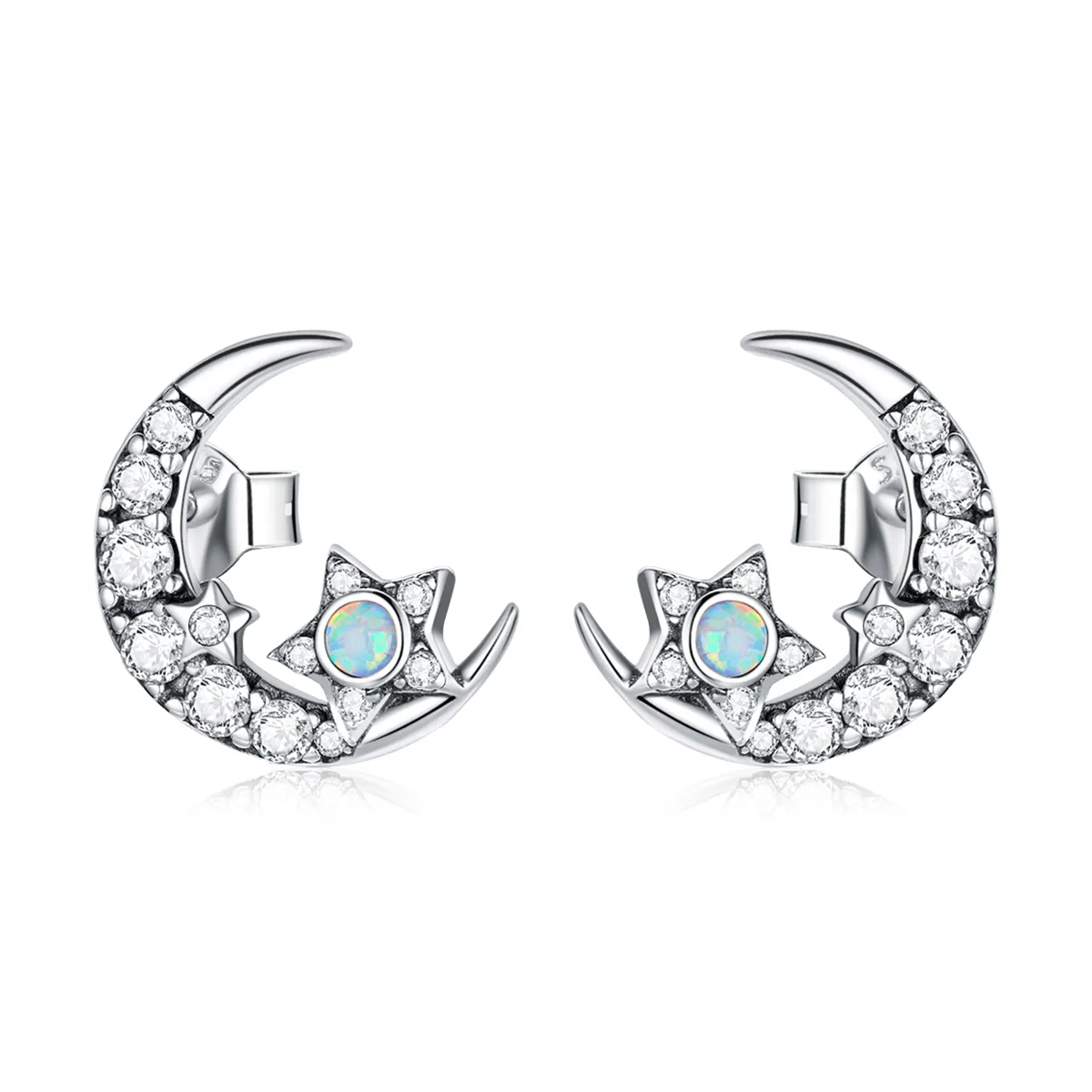 Pandora Style Silver Stud Earrings, Star and Moon - SCE1157