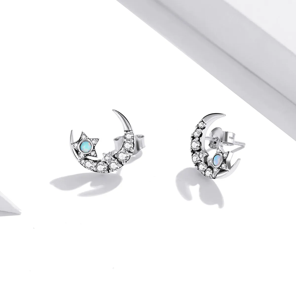 Pandora Style Silver Stud Earrings, Star and Moon - SCE1157