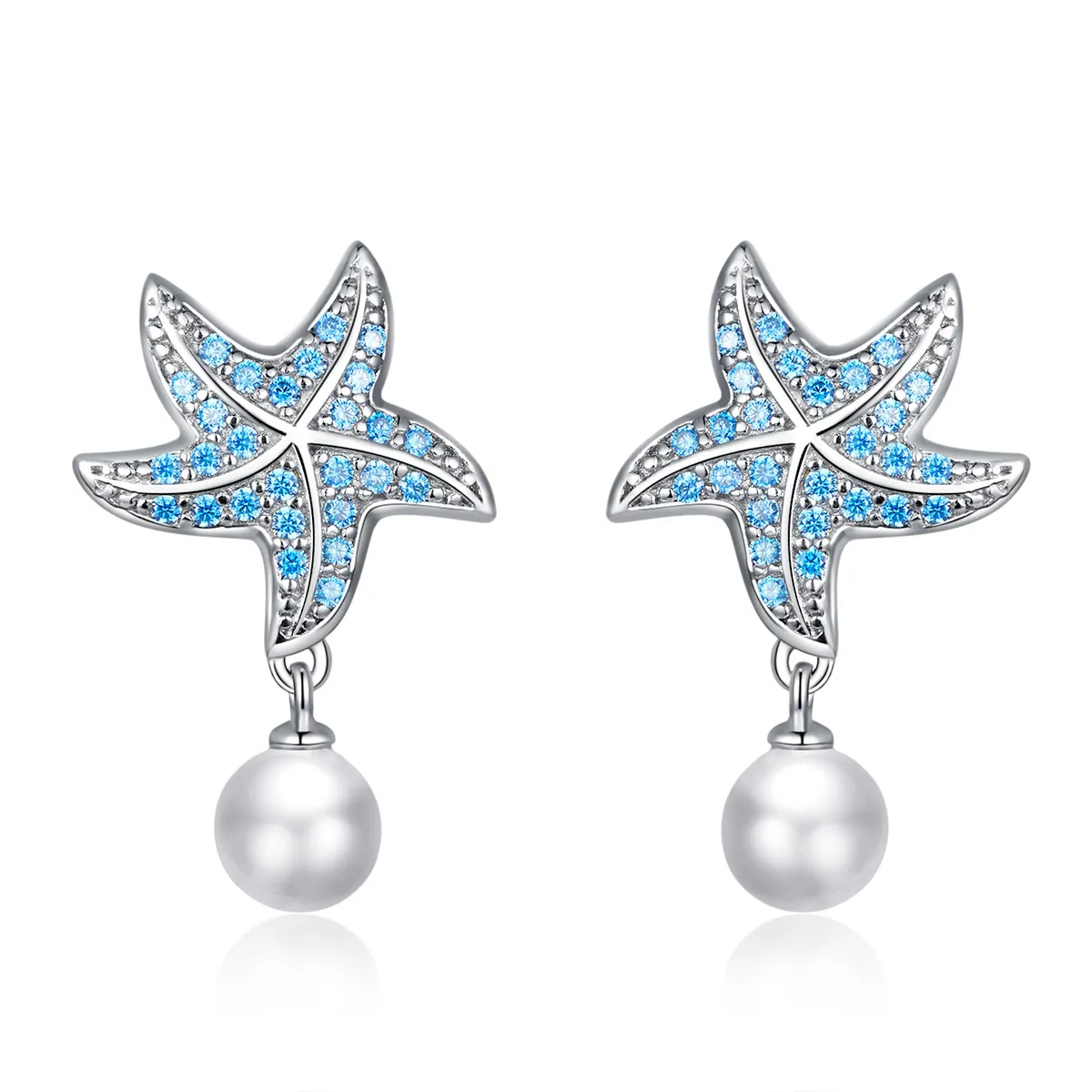 Pandora Style Silver Stud Earrings, Starfish With Pearls - BSE405