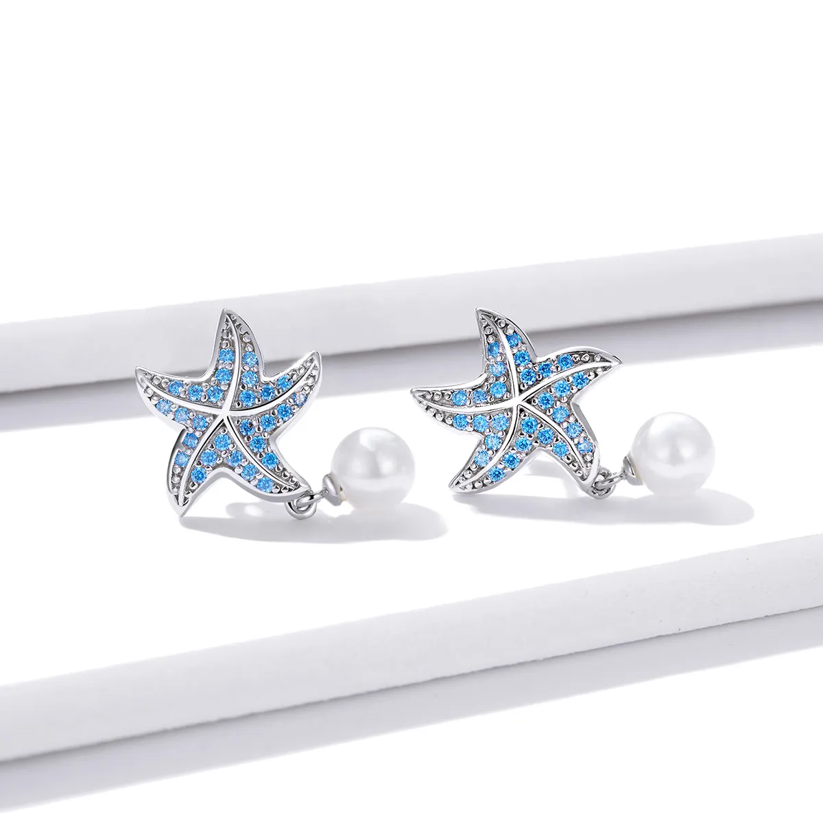 Pandora Style Silver Stud Earrings, Starfish With Pearls - BSE405