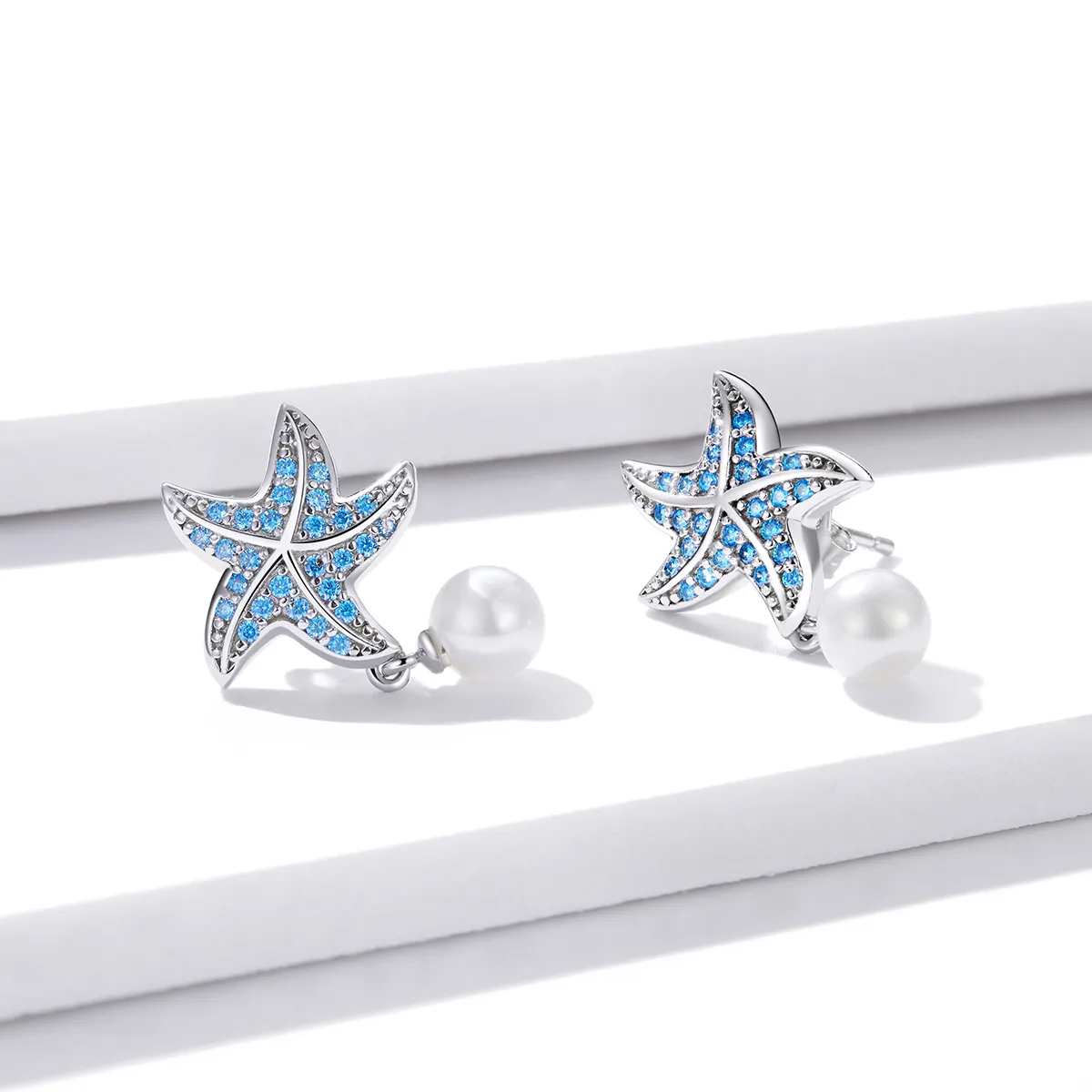 Pandora Style Silver Stud Earrings, Starfish With Pearls - BSE405