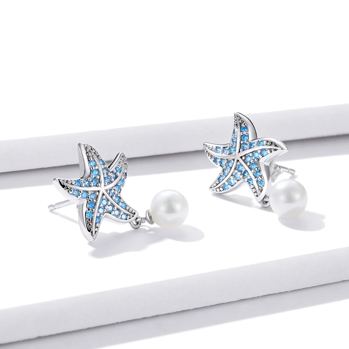 Pandora Style Silver Stud Earrings, Starfish With Pearls - BSE405