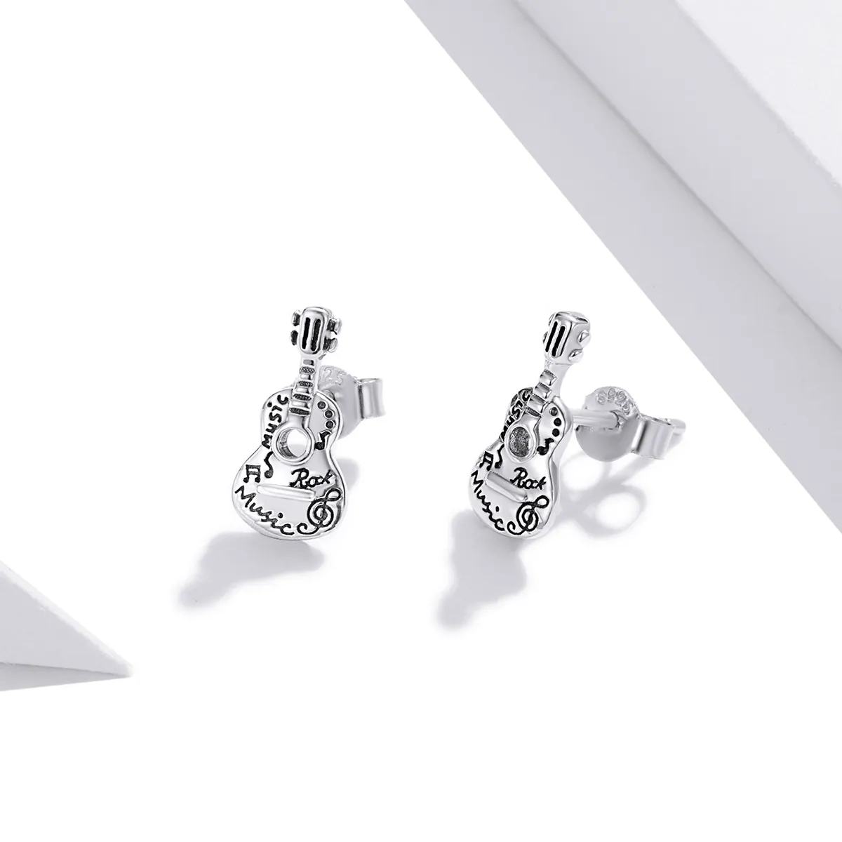 Pandora Style Silver Stud Earrings, Vintage Guitar - SCE1155