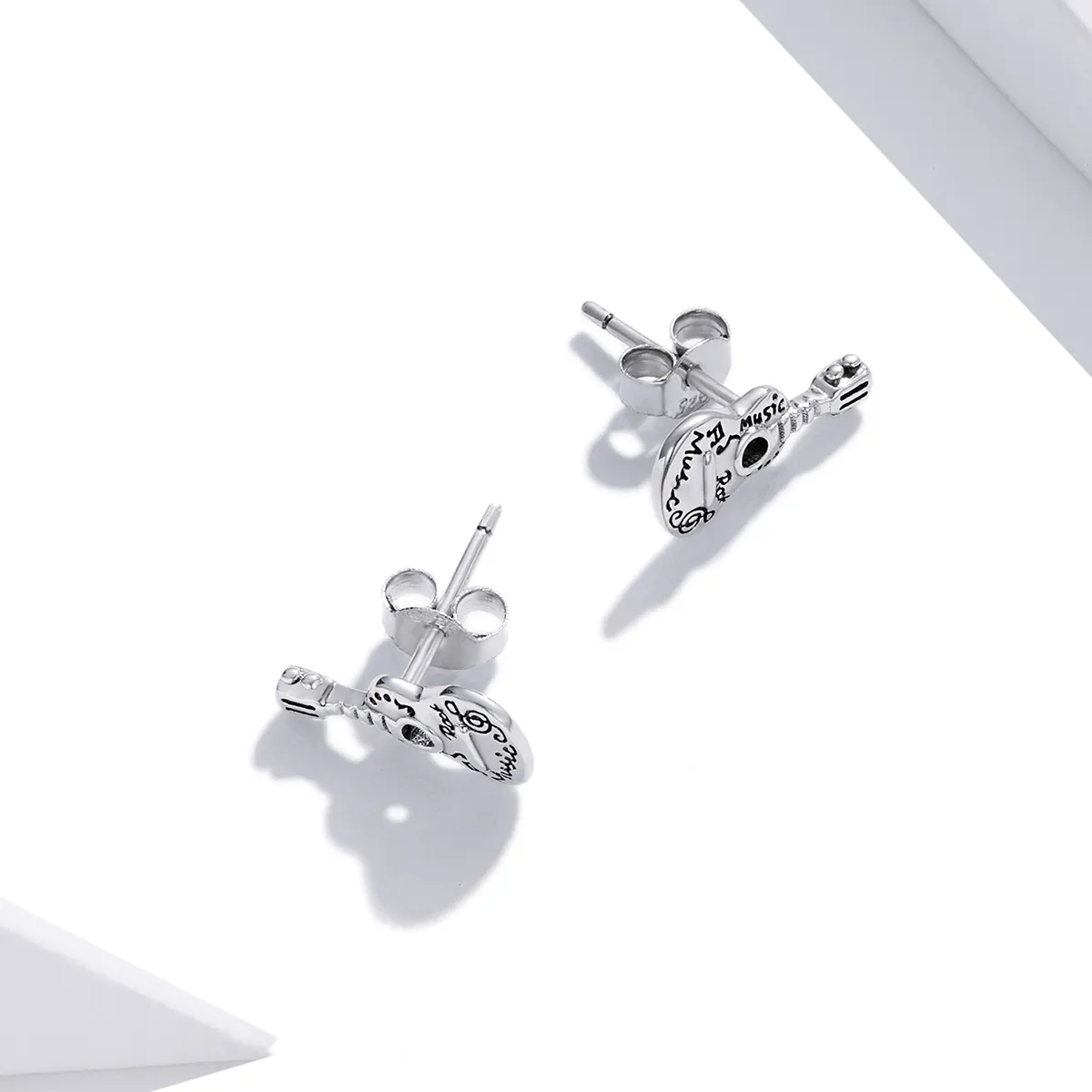 Pandora Style Silver Stud Earrings, Vintage Guitar - SCE1155