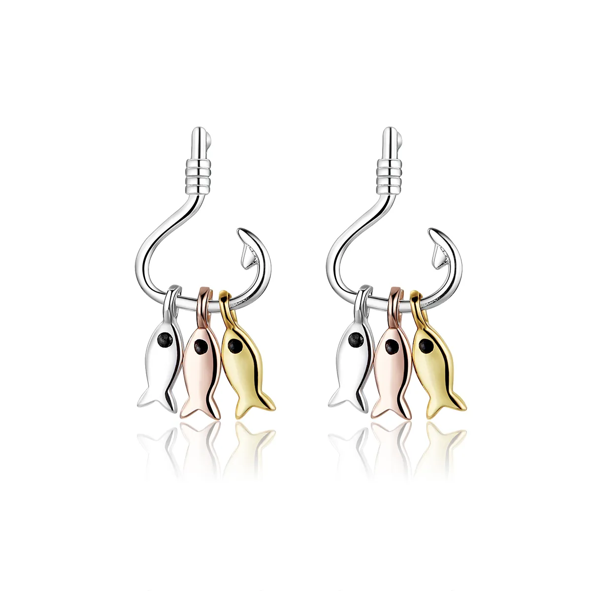 Pandora Style Tri-tone Dangle Earrings, Three Fishes - SCE789