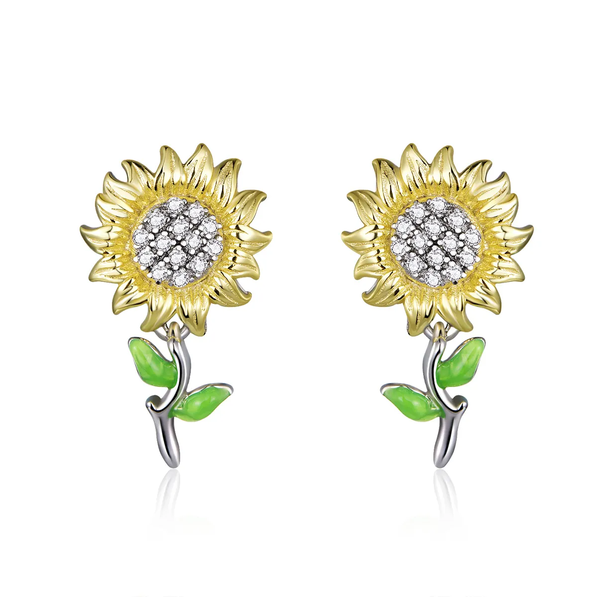 Pandora Style Two Tone Hoop Earrings, Bicolor Sunflower, Green Enamel - SCE919