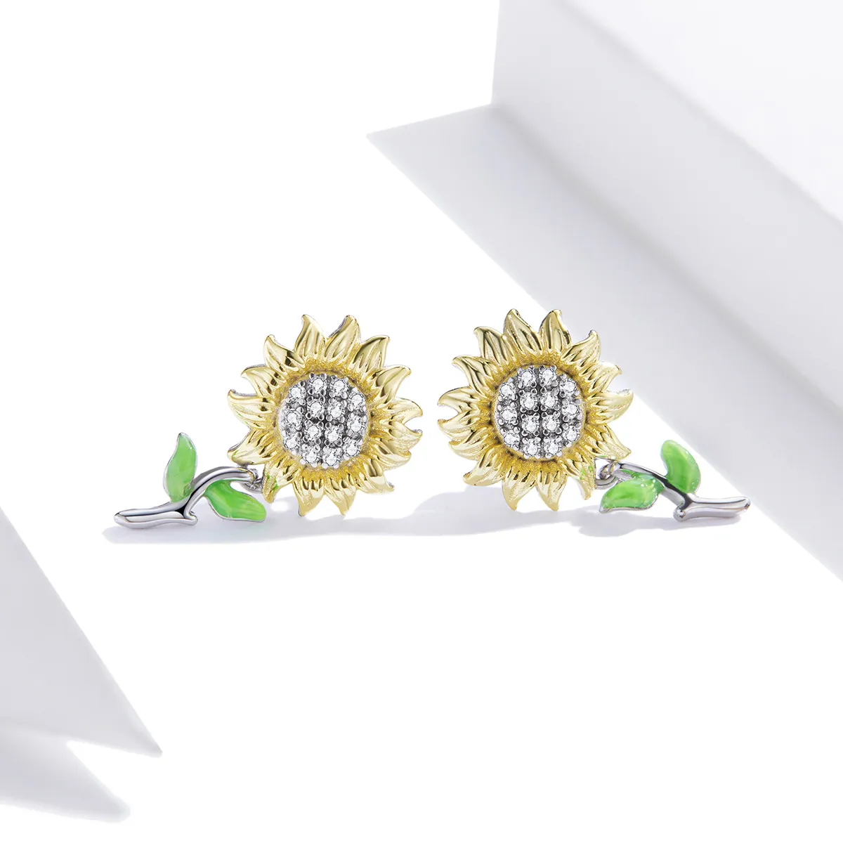 Pandora Style Two Tone Hoop Earrings, Bicolor Sunflower, Green Enamel - SCE919