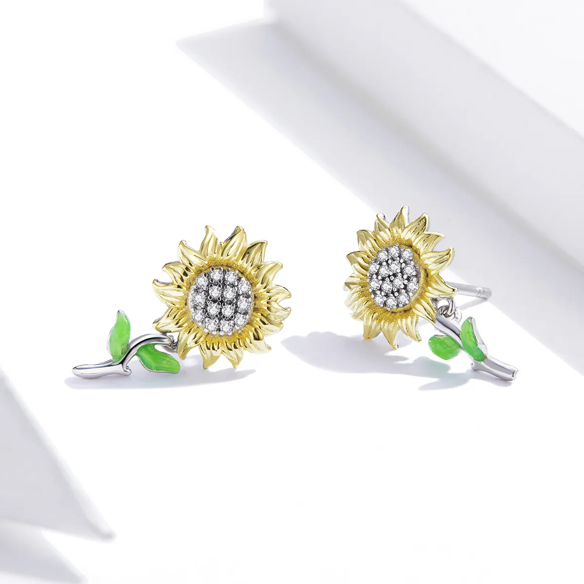 Pandora Style Two Tone Hoop Earrings, Bicolor Sunflower, Green Enamel - SCE919