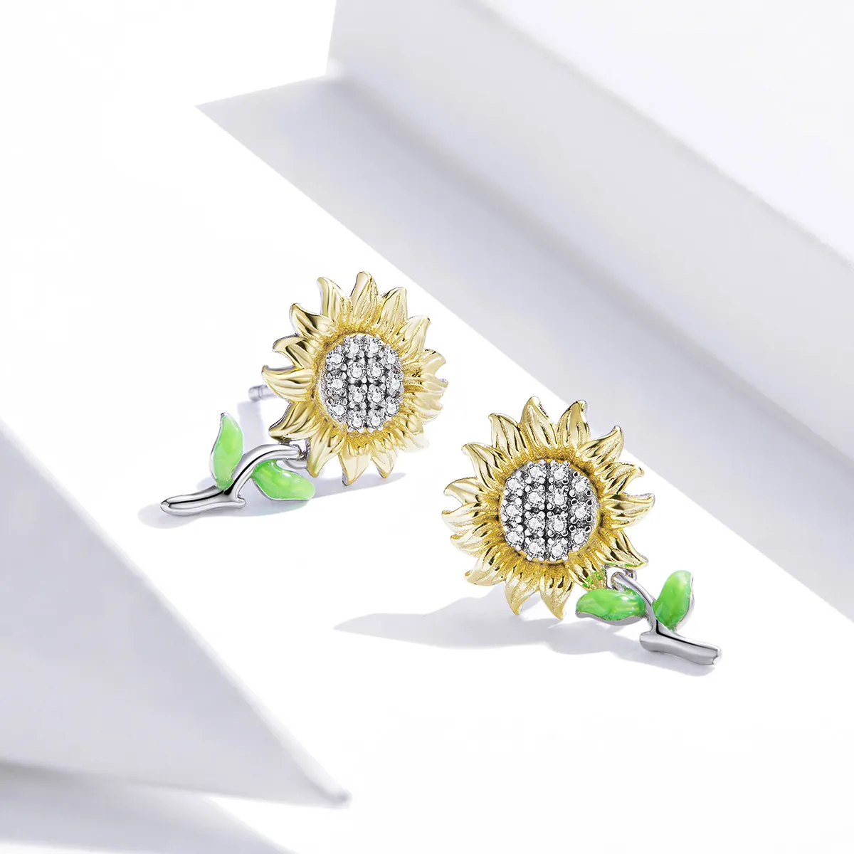 Pandora Style Two Tone Hoop Earrings, Bicolor Sunflower, Green Enamel - SCE919