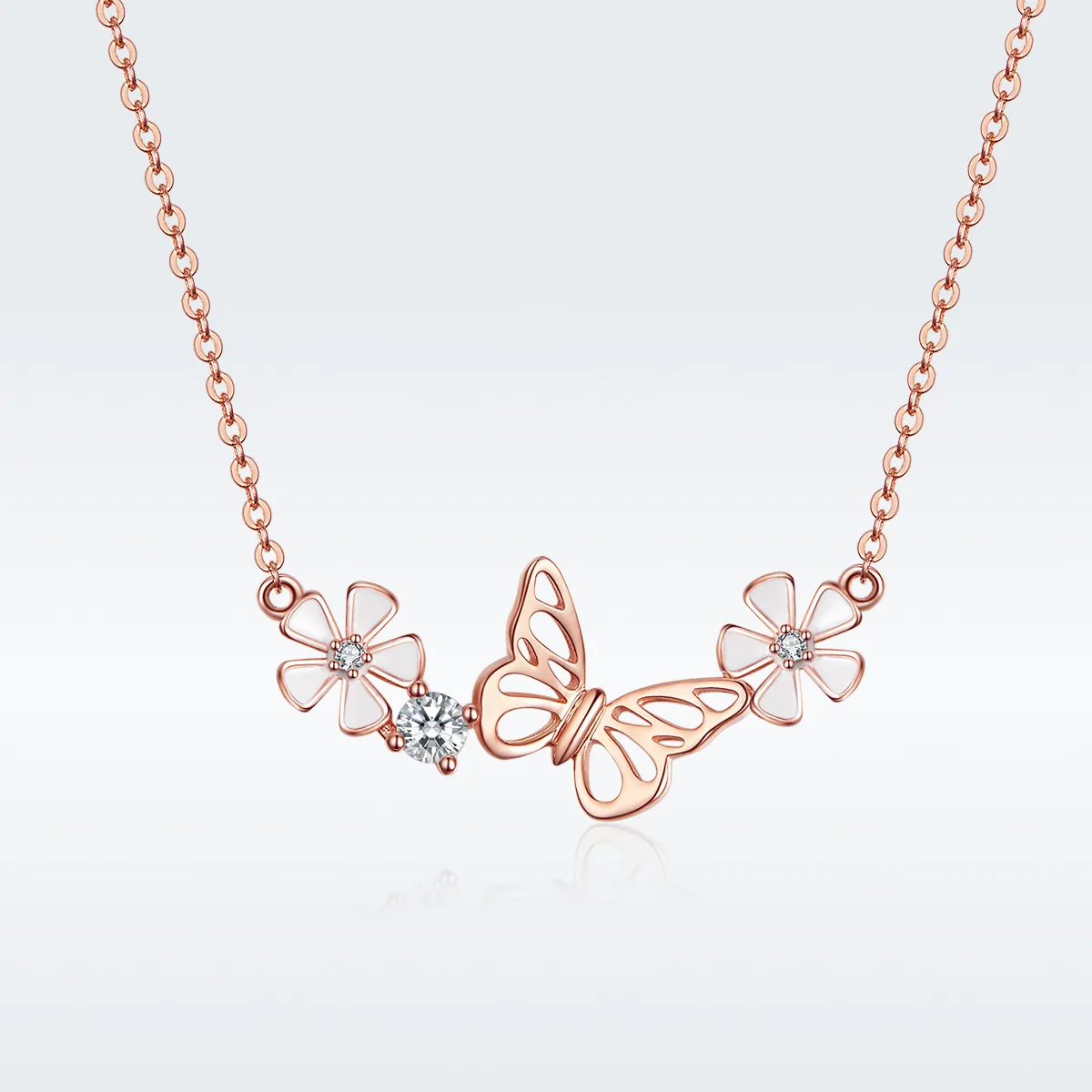 Pandora Style Rose Gold Necklace, Dancing Butterfly - BSN053