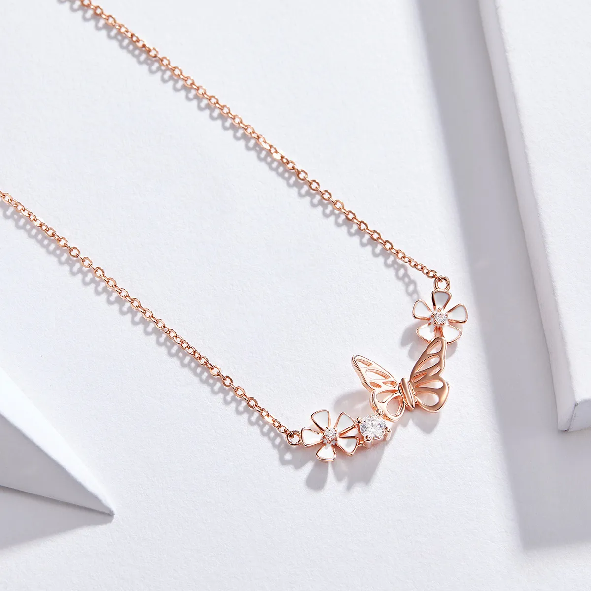 Pandora Style Rose Gold Necklace, Dancing Butterfly - BSN053