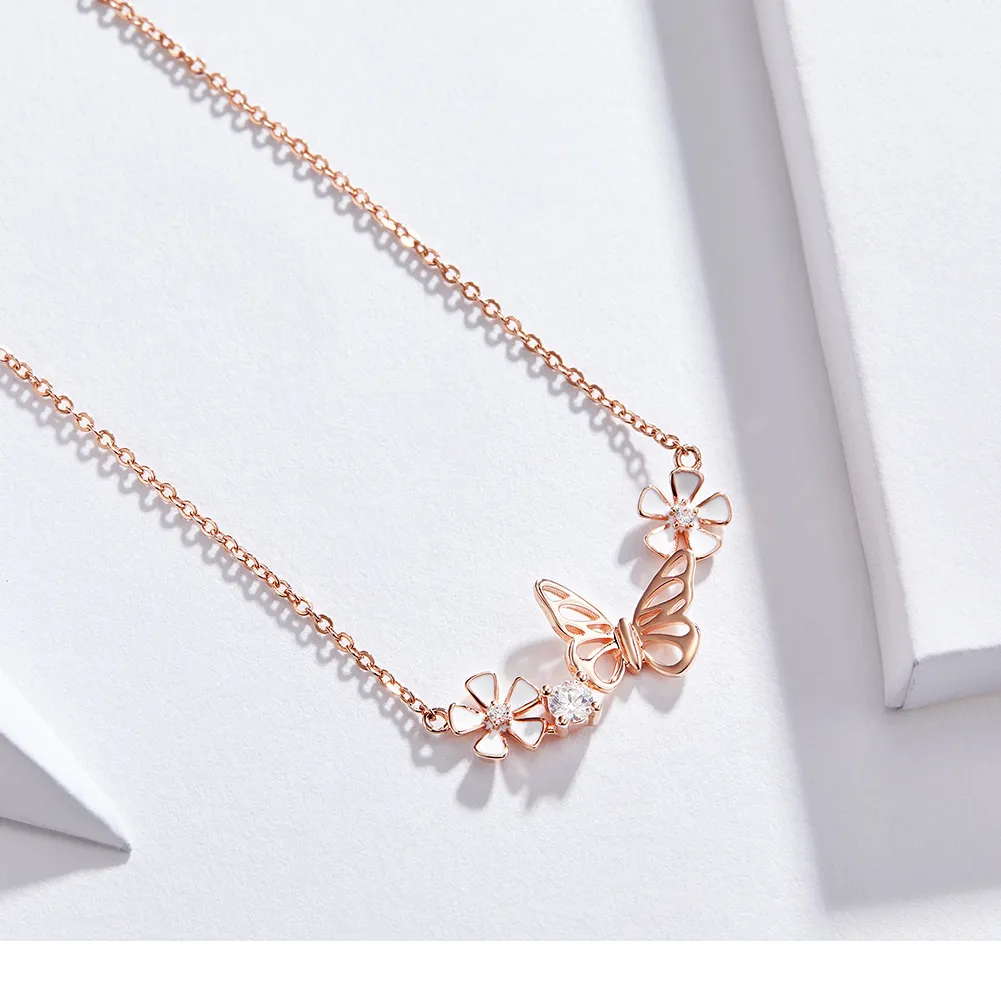 Pandora Style Rose Gold Necklace, Dancing Butterfly - BSN053