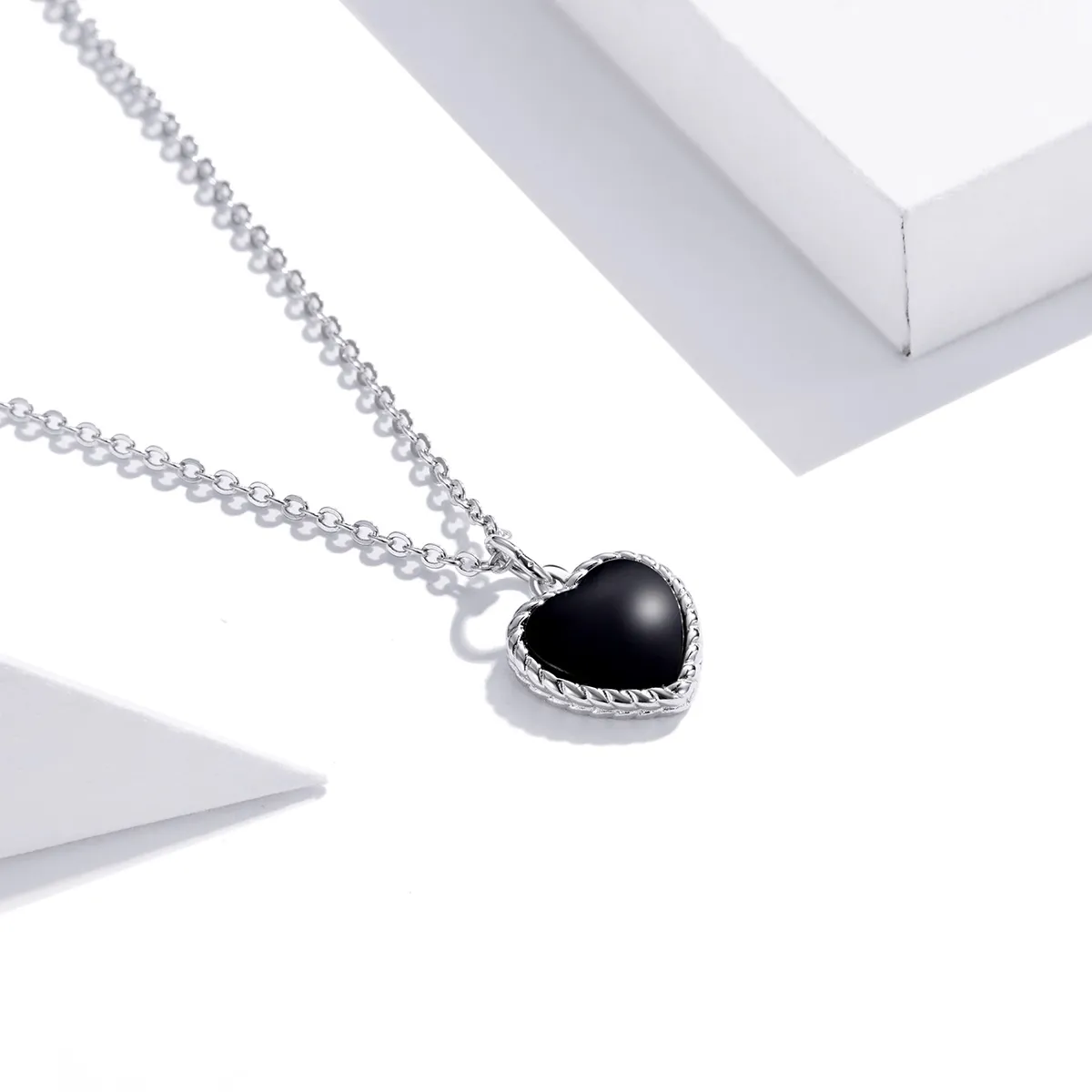 Pandora Style Silver Necklace, Love Agate, Black Enamel - SCN443