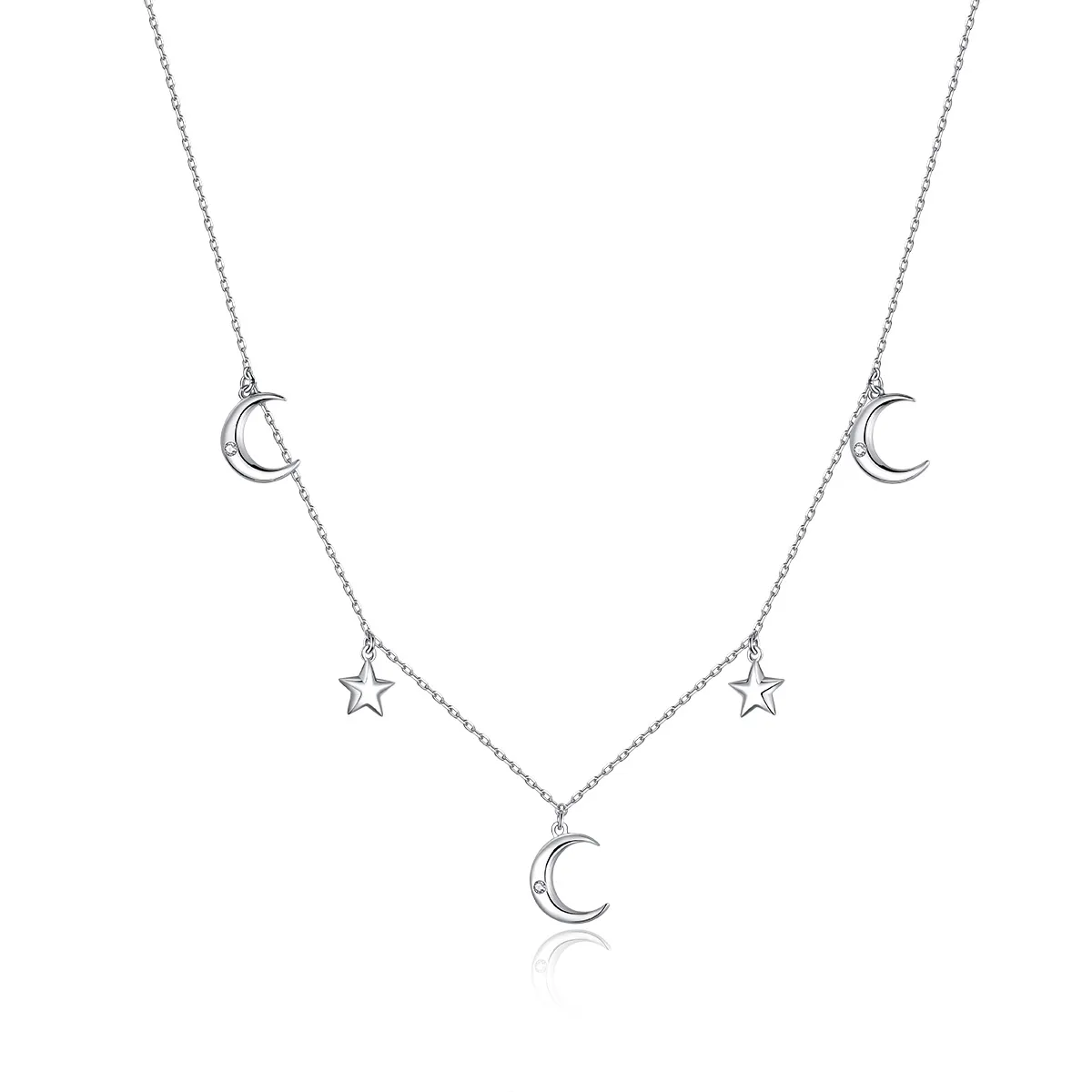 Pandora Style Silver Necklace, Moon and Star, Enamel - SCN411