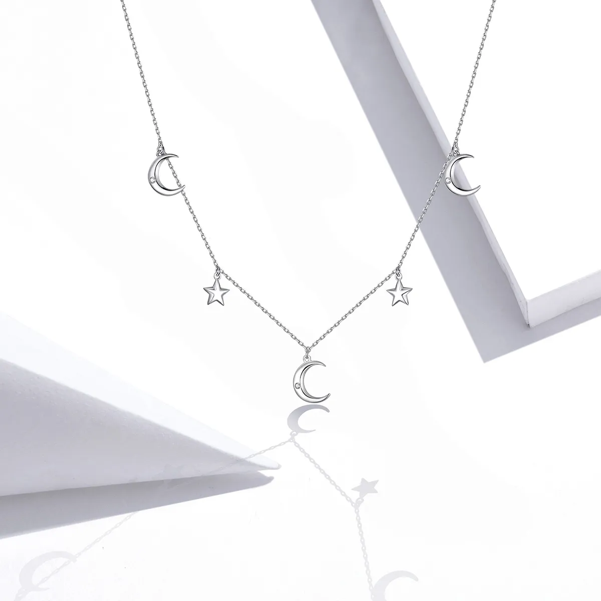 Pandora Style Silver Necklace, Moon and Star, Enamel - SCN411