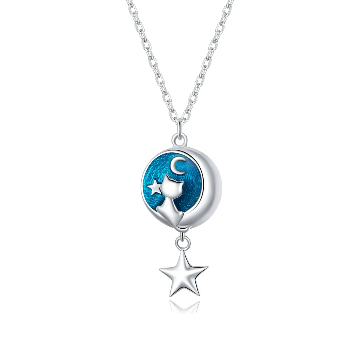 Pandora Style Silver Necklace, Moon & Cat, Blue Enamel - SCN422