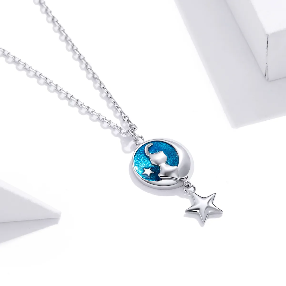 Pandora Style Silver Necklace, Moon & Cat, Blue Enamel - SCN422