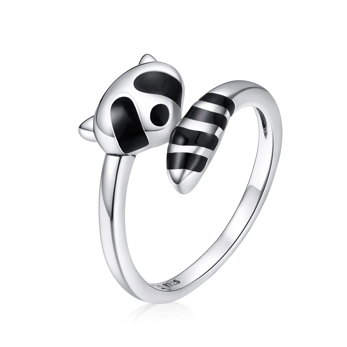 Pandora Style Silver Open Ring, Little Raccoon, Black Enamel - SCR652