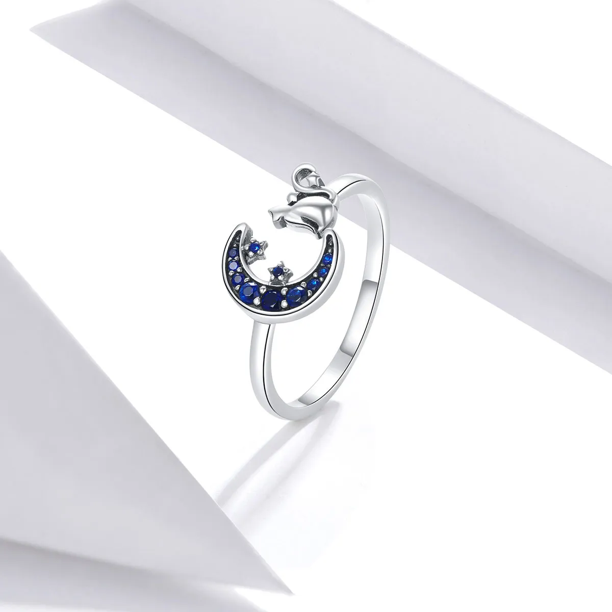 Pandora Style Silver Open Ring, Moon & Cat - SCR677