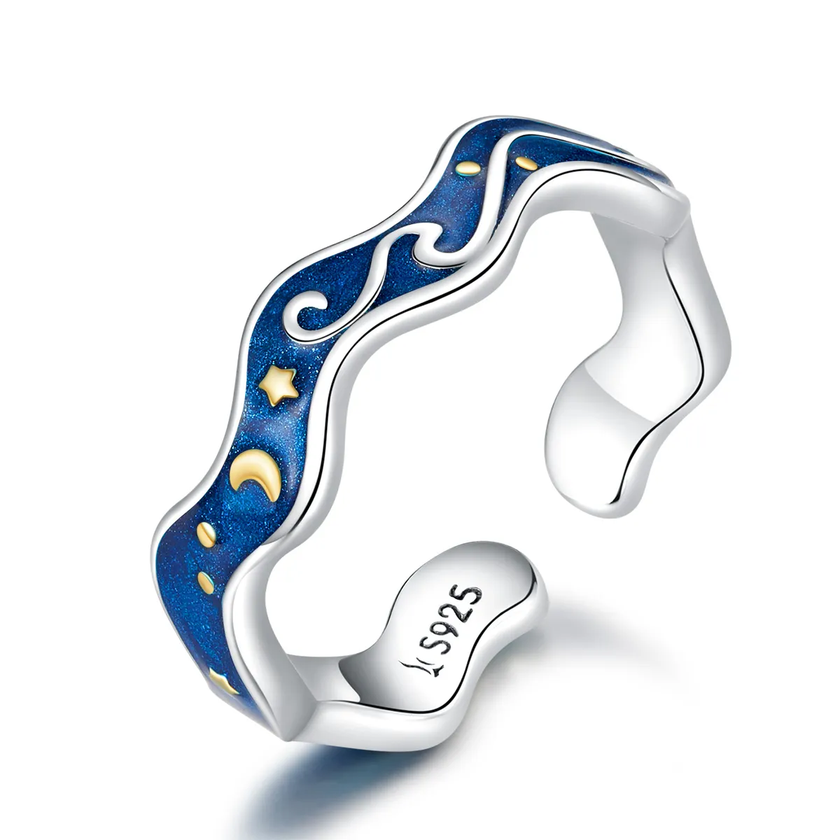 Pandora Style Silver Open Ring, Starry Sky From Van Gogh, Blue Enamel - SCR608