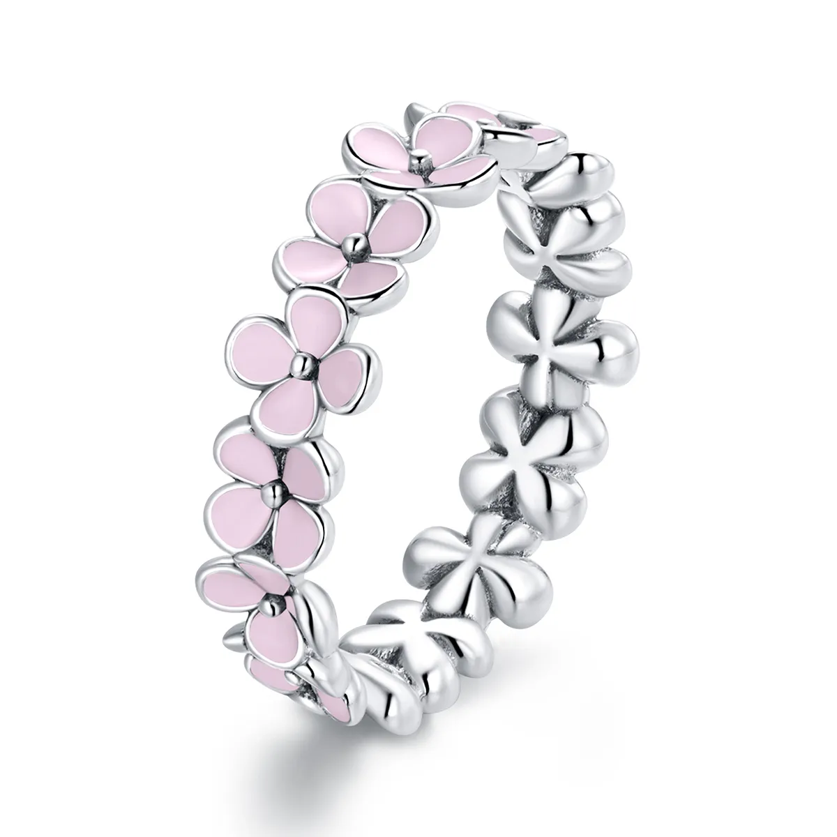 Pandora Style Silver Ring, Wreath, Pink Enamel - SCR681