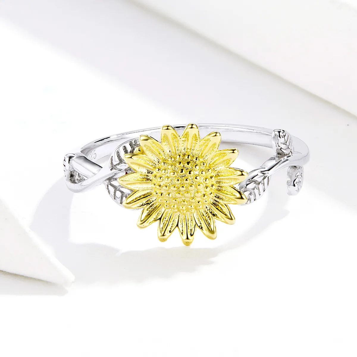 Pandora Style Two Tone Open Ring, Bicolor Golden Sunflowers - SCR596