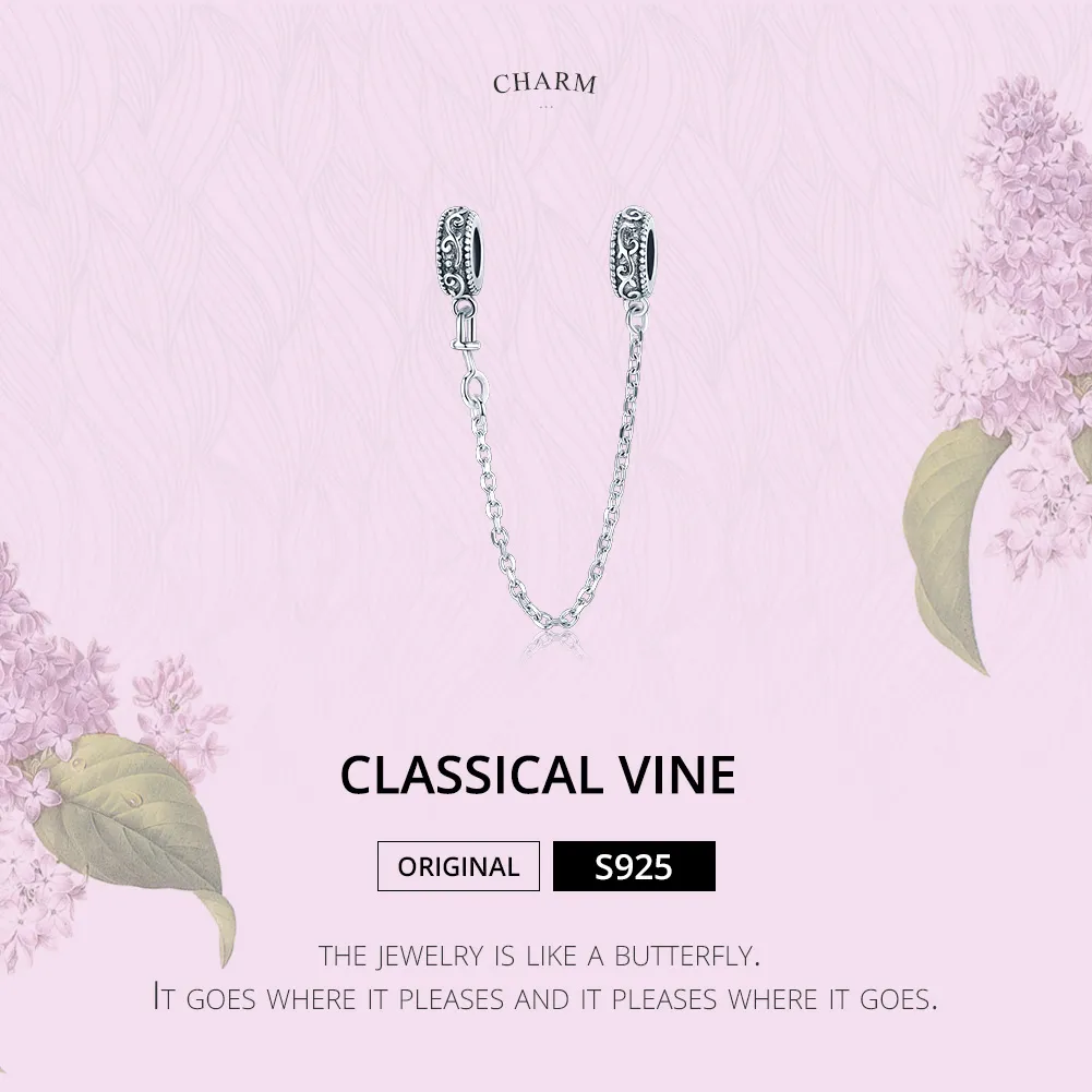 Pandora Style Silver Safety Chain Charm, Classical Vine - SCC1546