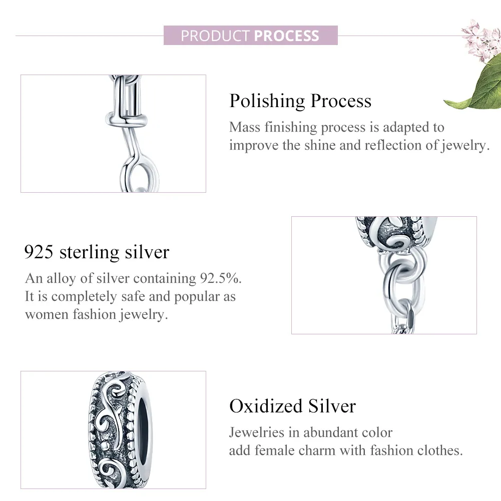 Pandora Style Silver Safety Chain Charm, Classical Vine - SCC1546