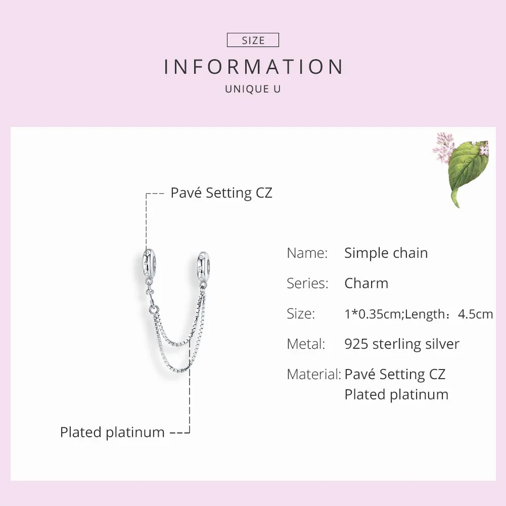 Pandora Style Silver Safety Chain Charm, Simple Chain - SCC1419