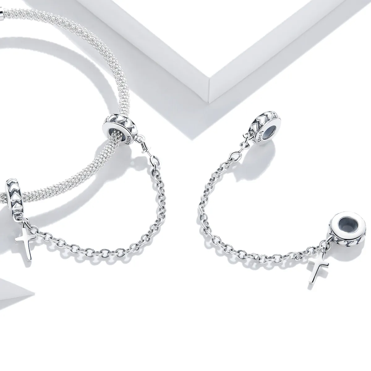 Pandora Style Silver Safety Chain Charm, Simple Cross - BSC362