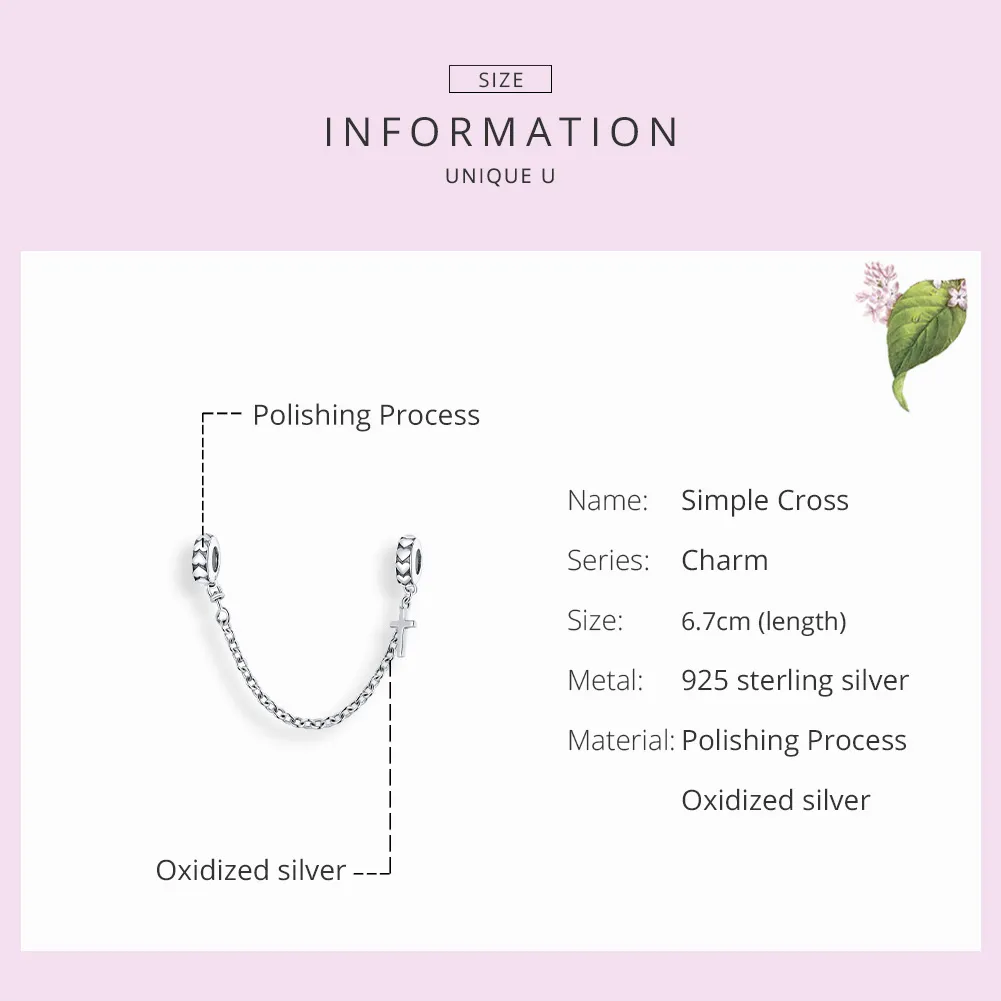 Pandora Style Silver Safety Chain Charm, Simple Cross - BSC362