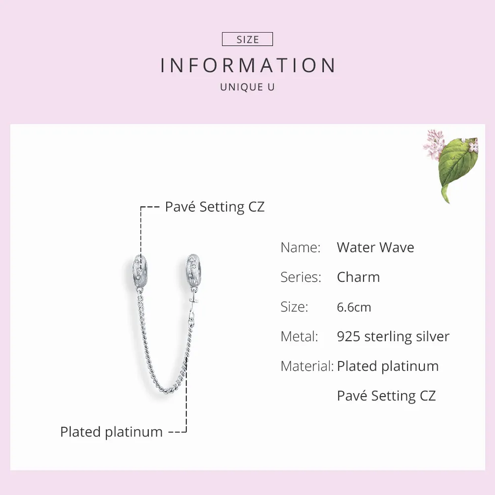 Pandora Style Silver Safety Chain Charm, Water Wave - SCC1577