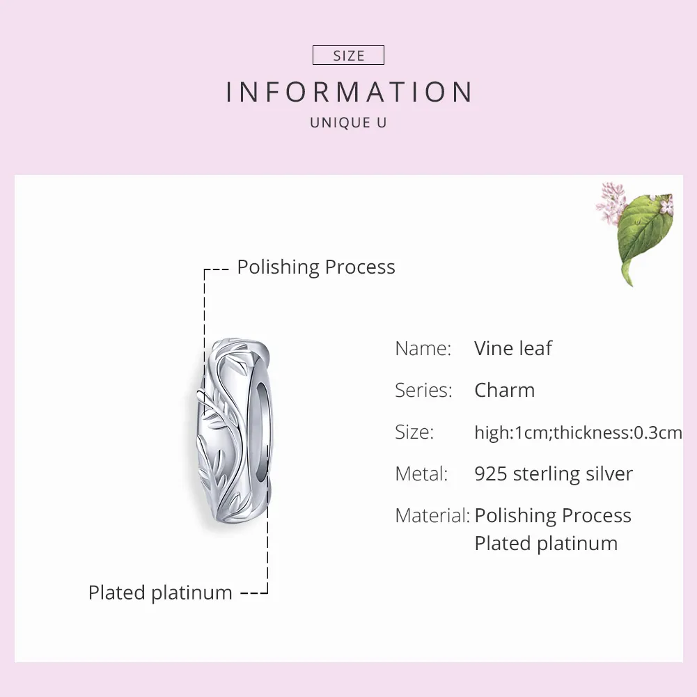 Pandora Style Silver Spacer Charm, Vine Leaf - BSC142