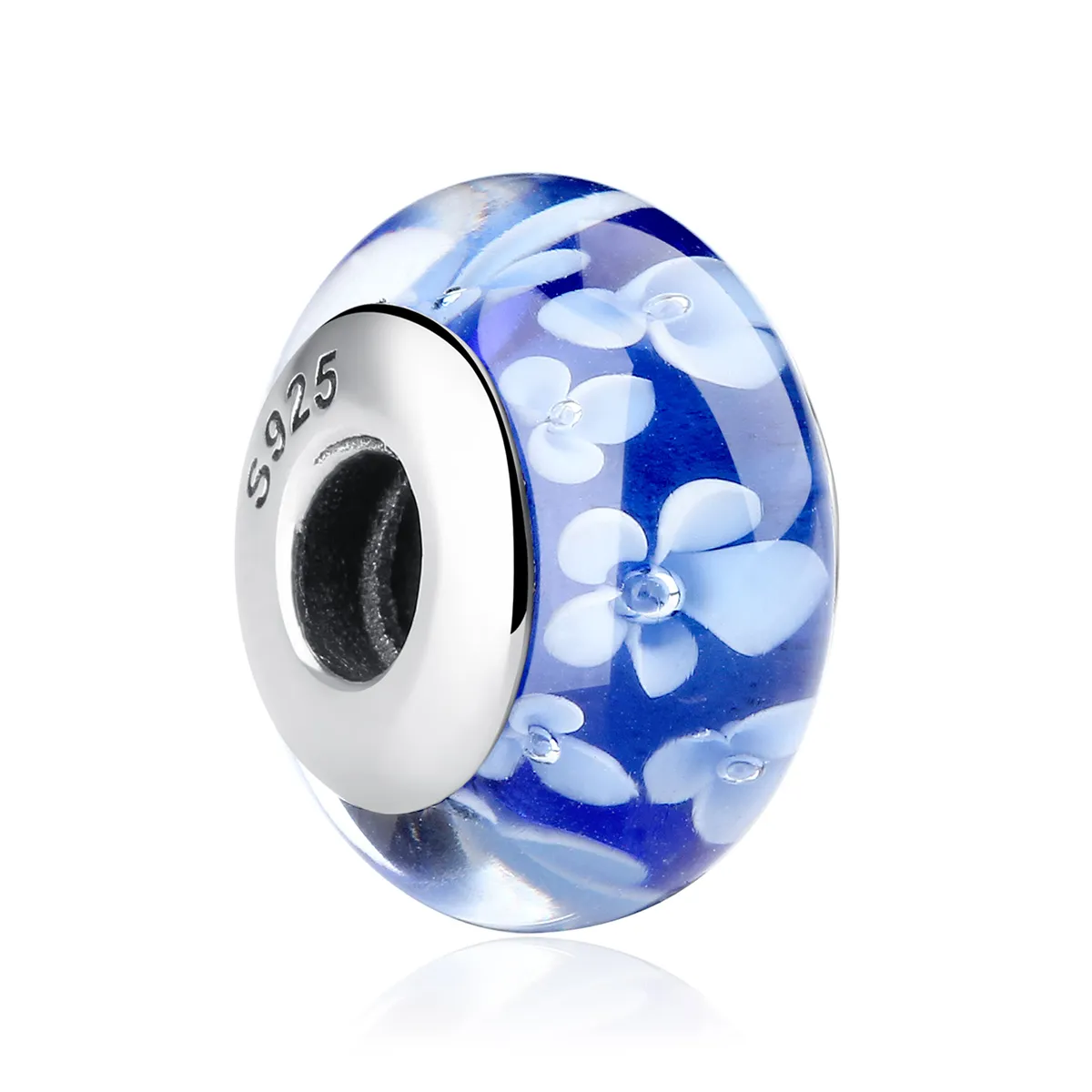 pandora style blue murano glass white flowers charm scz006