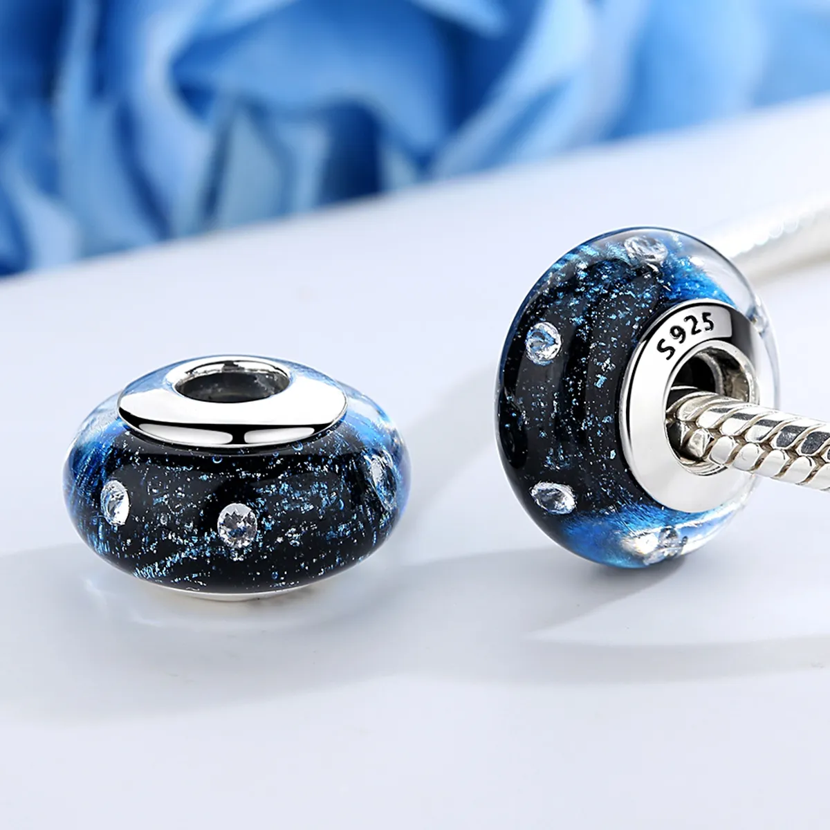 PANDORA Style Midnight Bubbling With Threaded Murano Glass Charm - SCZ028