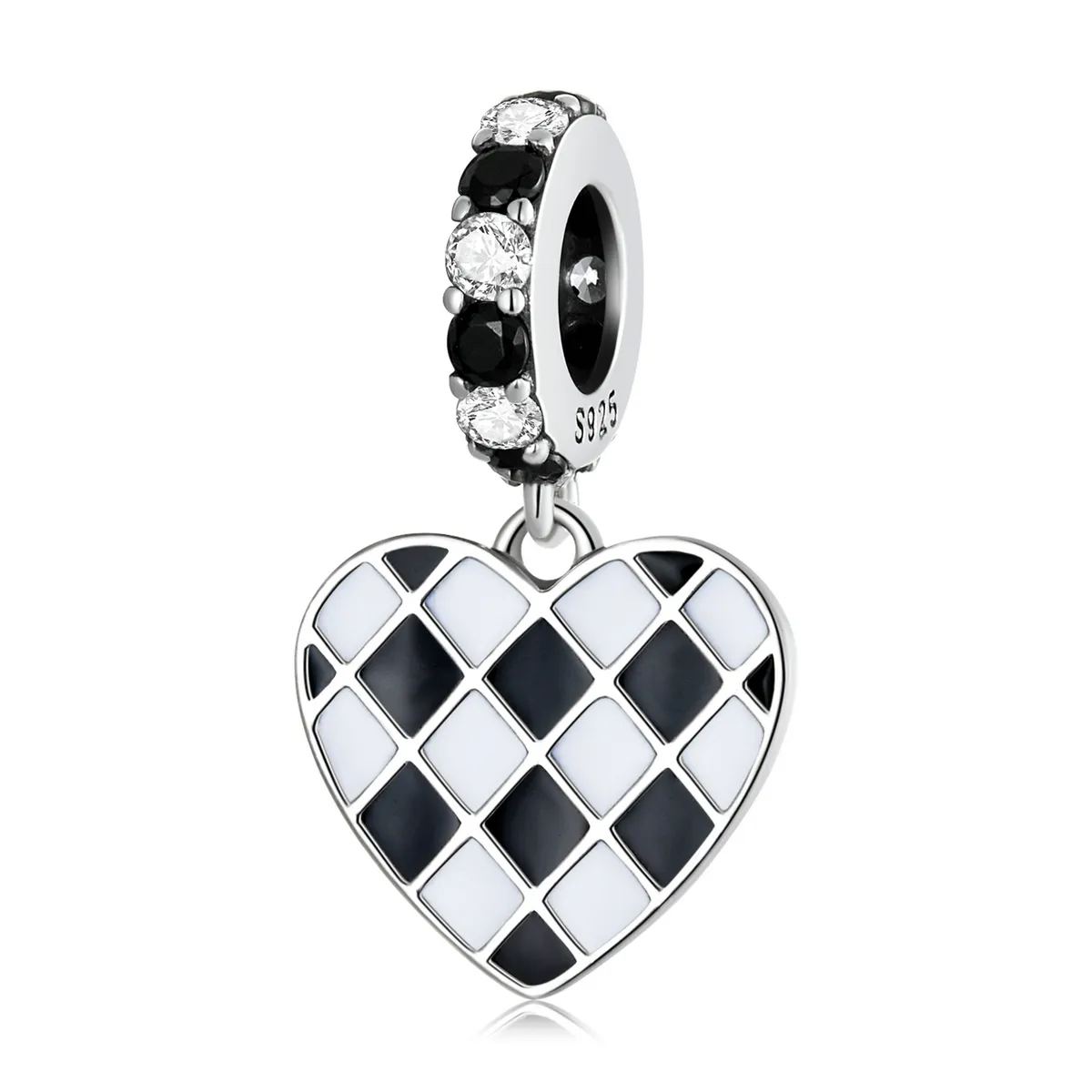 pandora style black and white grid love dangle charm scc2178